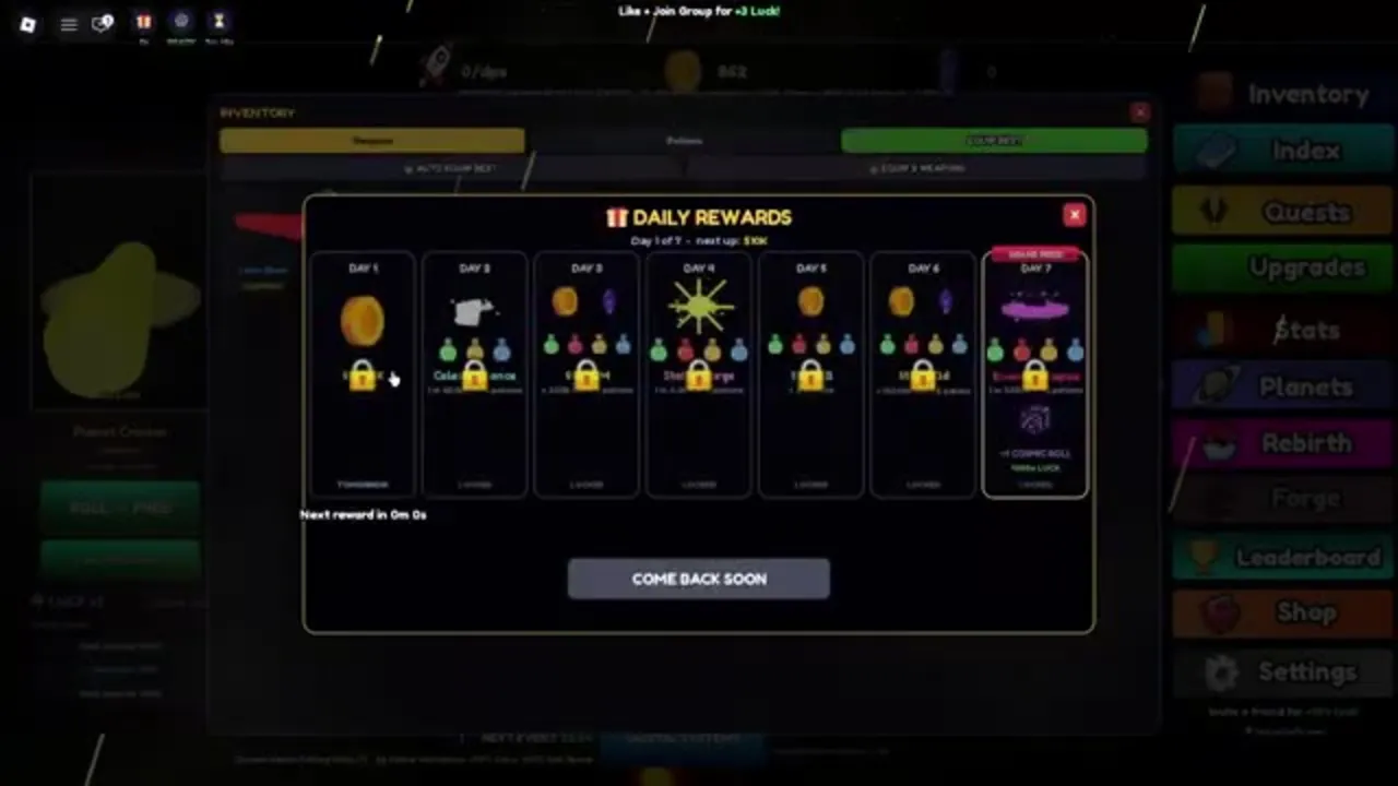 Planet RNG Daily Rewards panel showing a seven-day track with locked reward cards