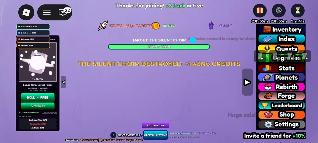 Planet RNG session running during Meteor Shower with the event text bottom-left