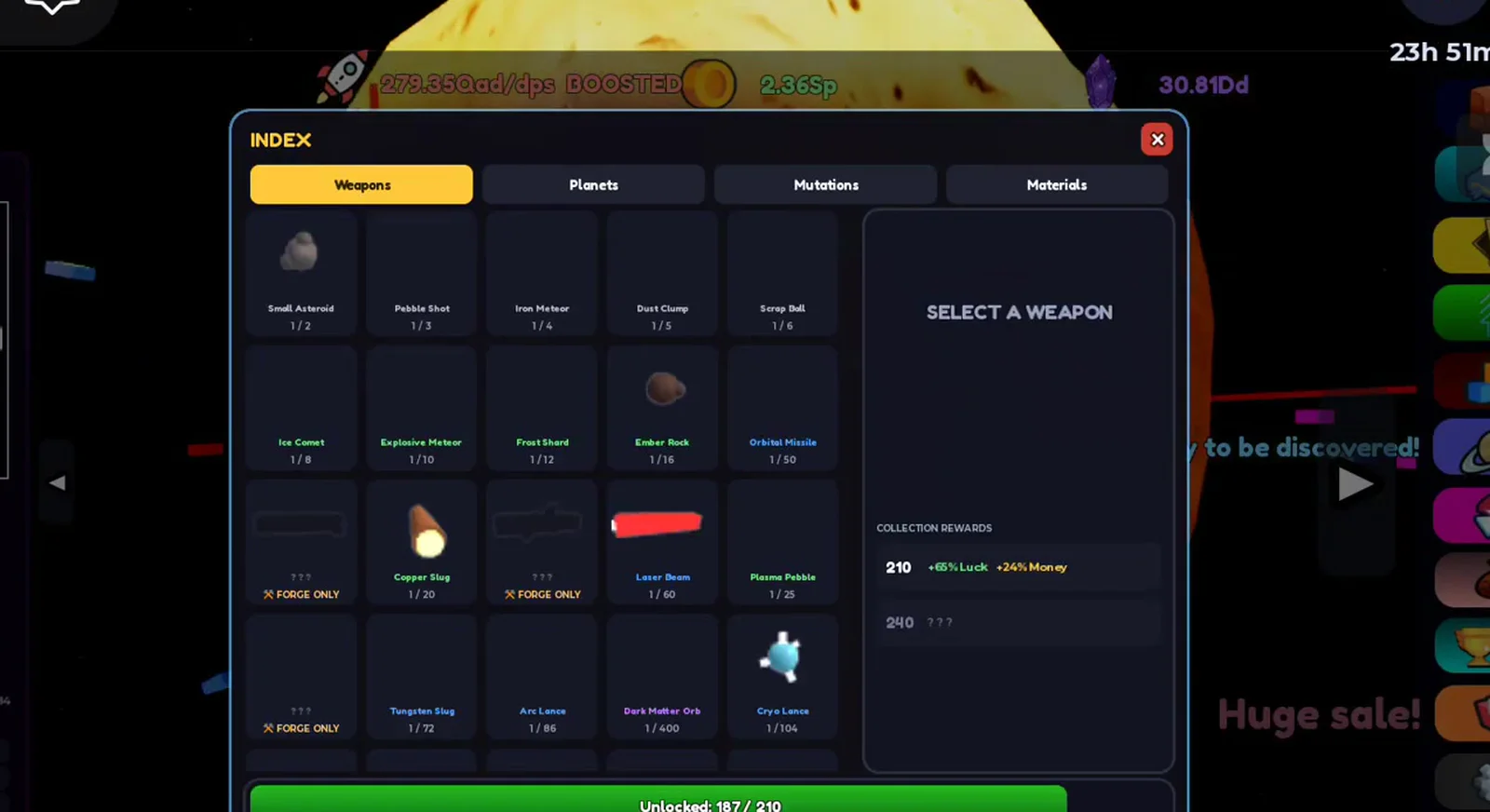 The Planet RNG Index panel open on the Weapons tab with a per-item odds list