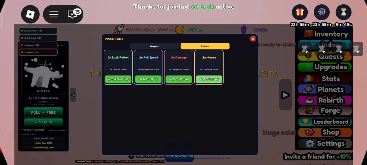 Planet RNG Inventory Potions tab with four potion cards and ACTIVE timers