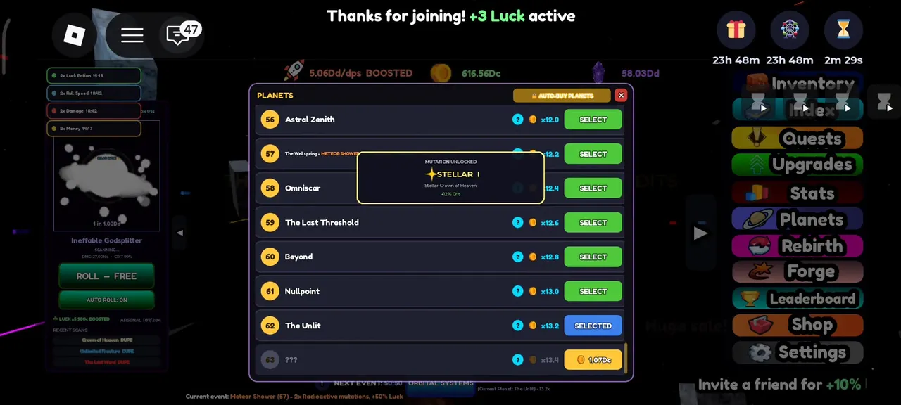 A second MUTATION UNLOCKED card in Planet RNG showing a Stellar-tier mutation