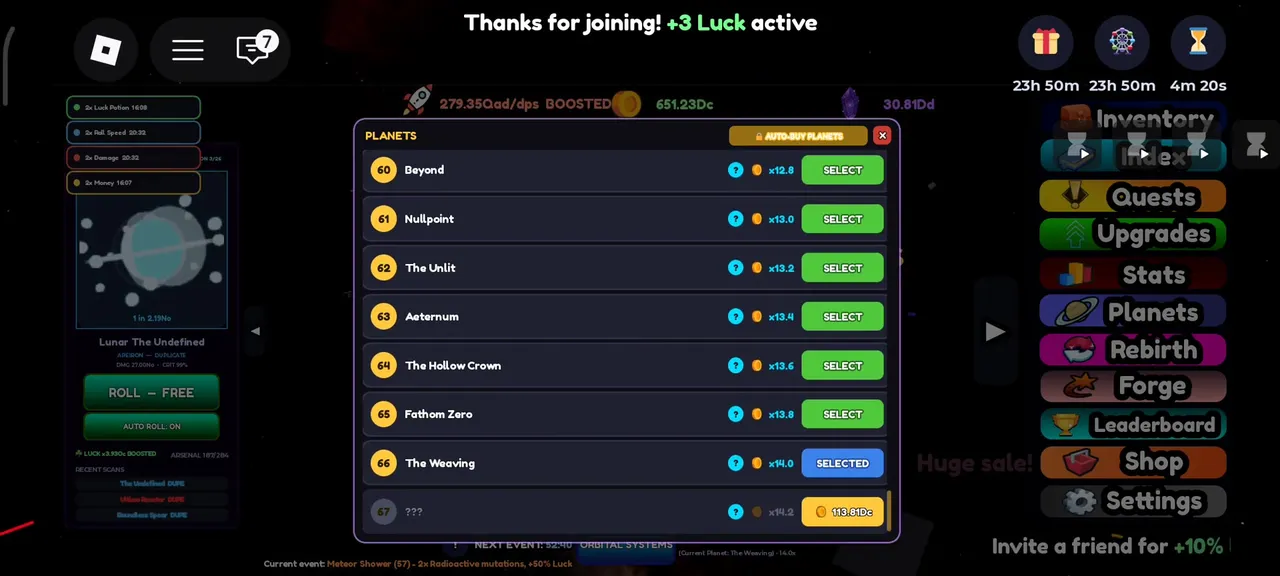 The Planet RNG Planets panel late in the ladder, rows 56 to 65