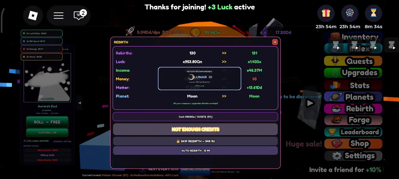 Planet RNG Rebirth panel showing Rebirths, Luck, Income, Money and Matter rows