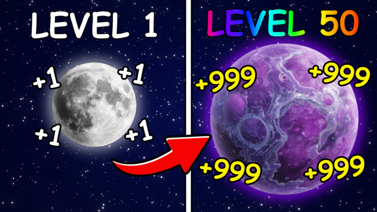 Official Planet RNG art comparing a Level 1 planet with a Level 50 planet